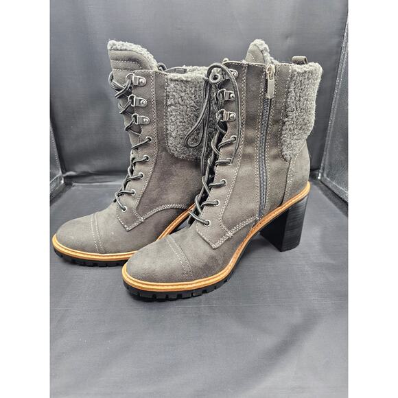 NEW NINE WEST PERRY WOMENS HEEL ANKLE BOOTS LACE ZIP FAUX FUR LINING SIZE 9.5 - Picture 1 of 4